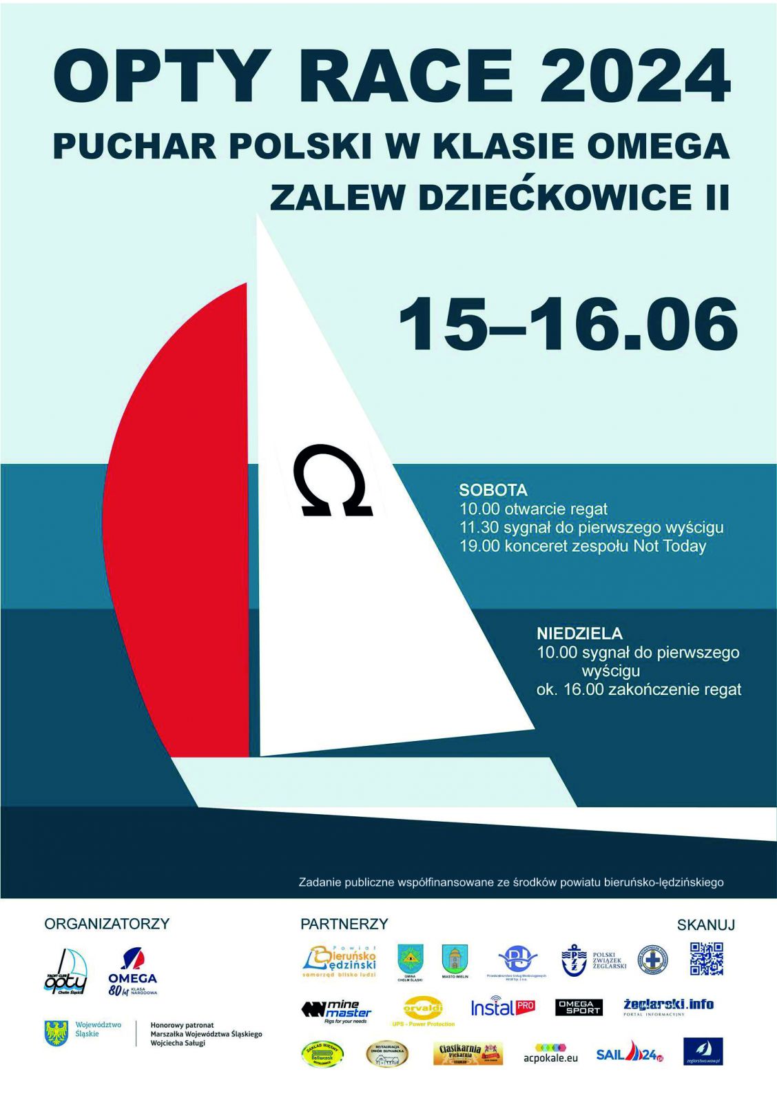 Plakat informacyjny w kolorystyce biało-niebieskiej. Na rodku łódź z żaglami białym i czerwonym.
