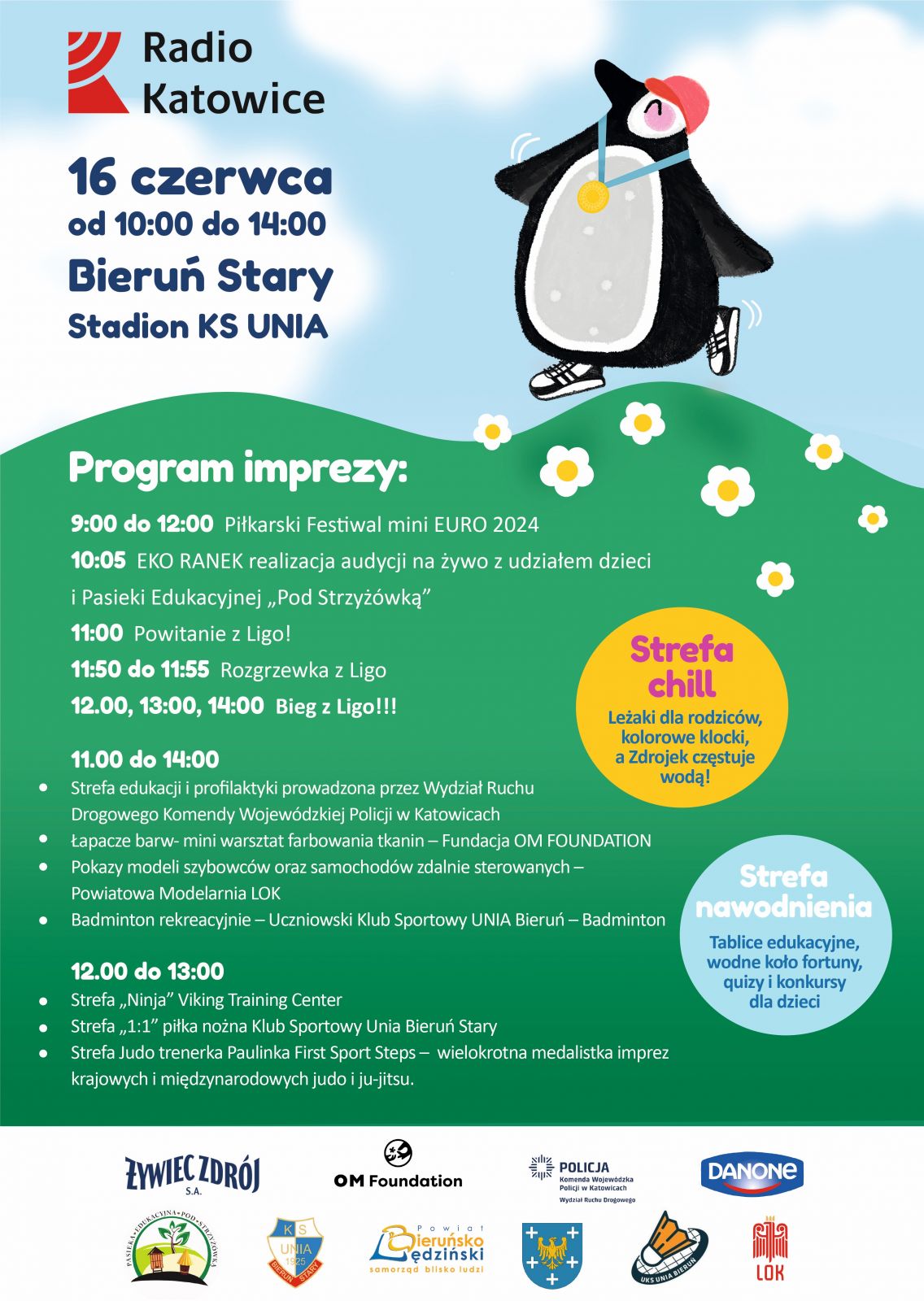 Plakat informacyjny z pingwinkiem spacerującym po zielonej łące