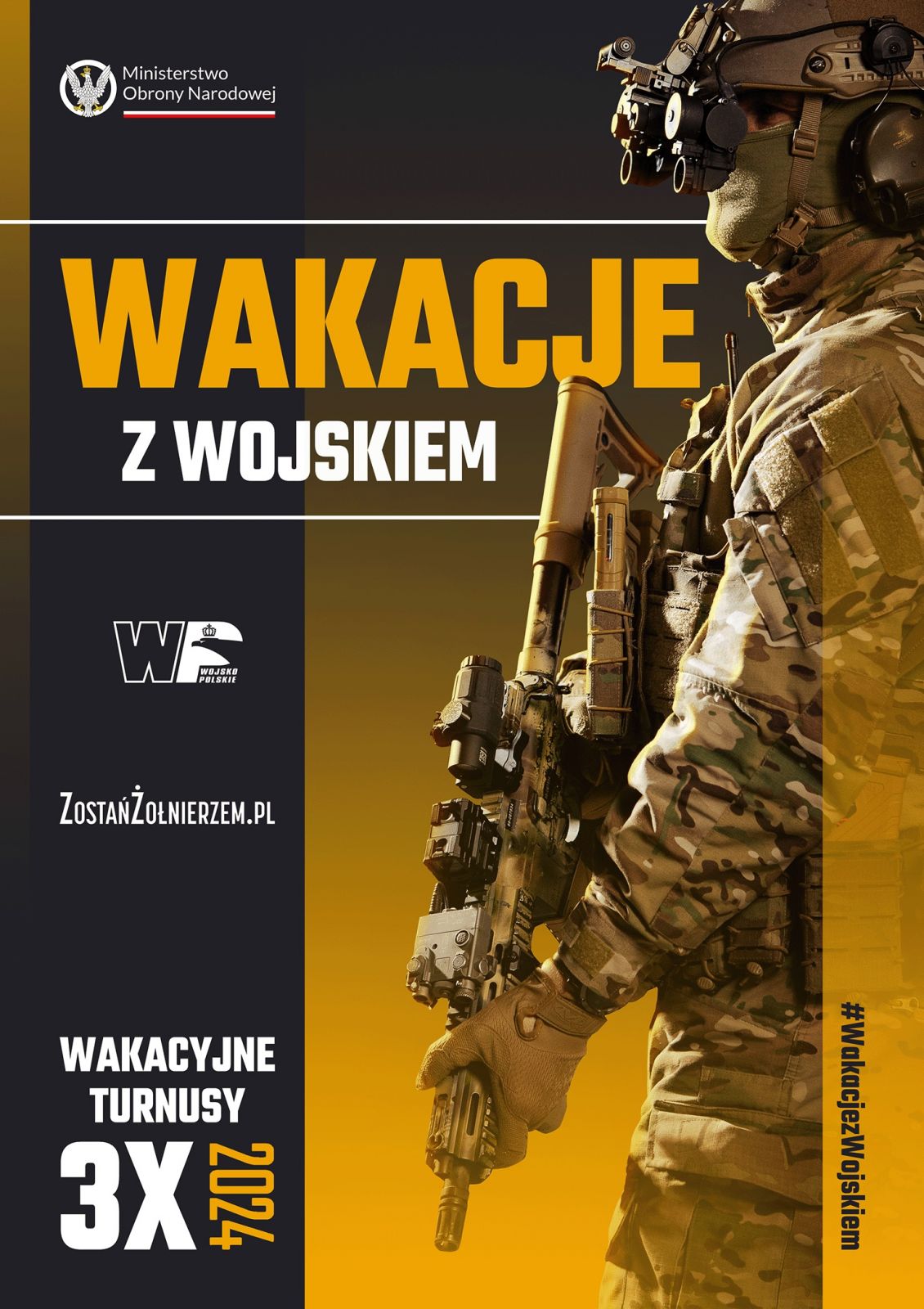 Plakat informacyjny w kolorze czarno-żółtym z prawej strony postać żołnierza w pełnym mundurze polowym