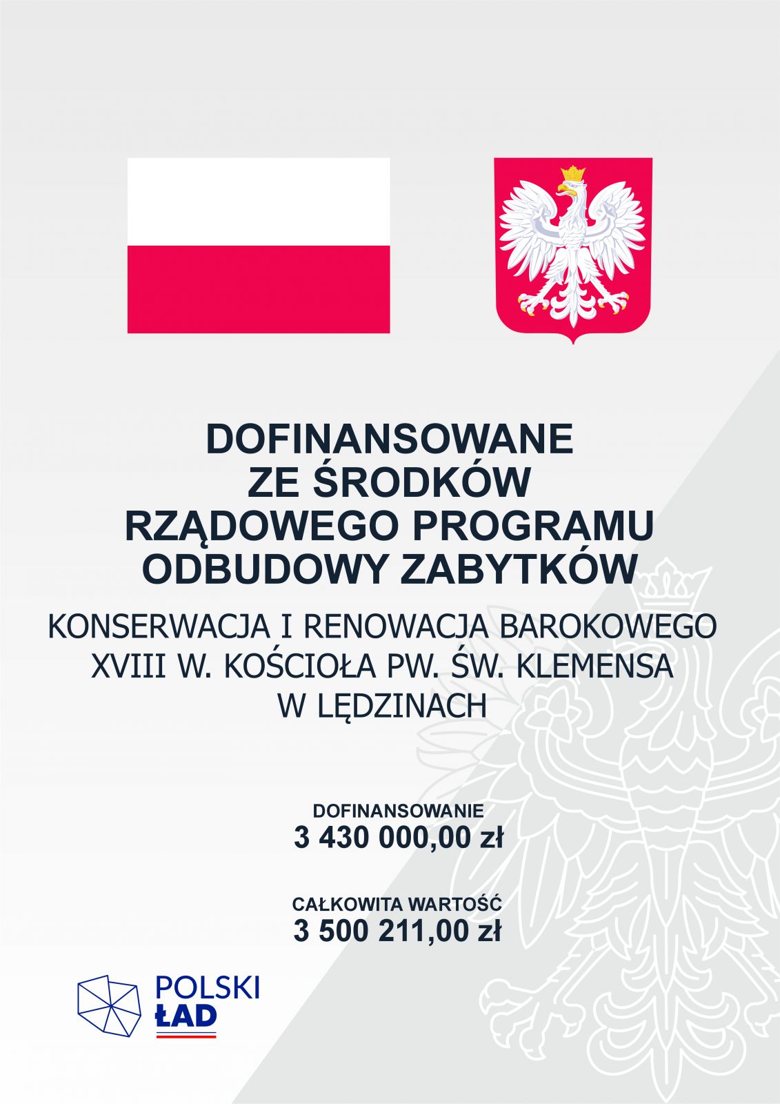 Plakat informacyjny z godłem oraz polską flagą, nazwą rządowego programu oraz logiem Polskiego Ładu