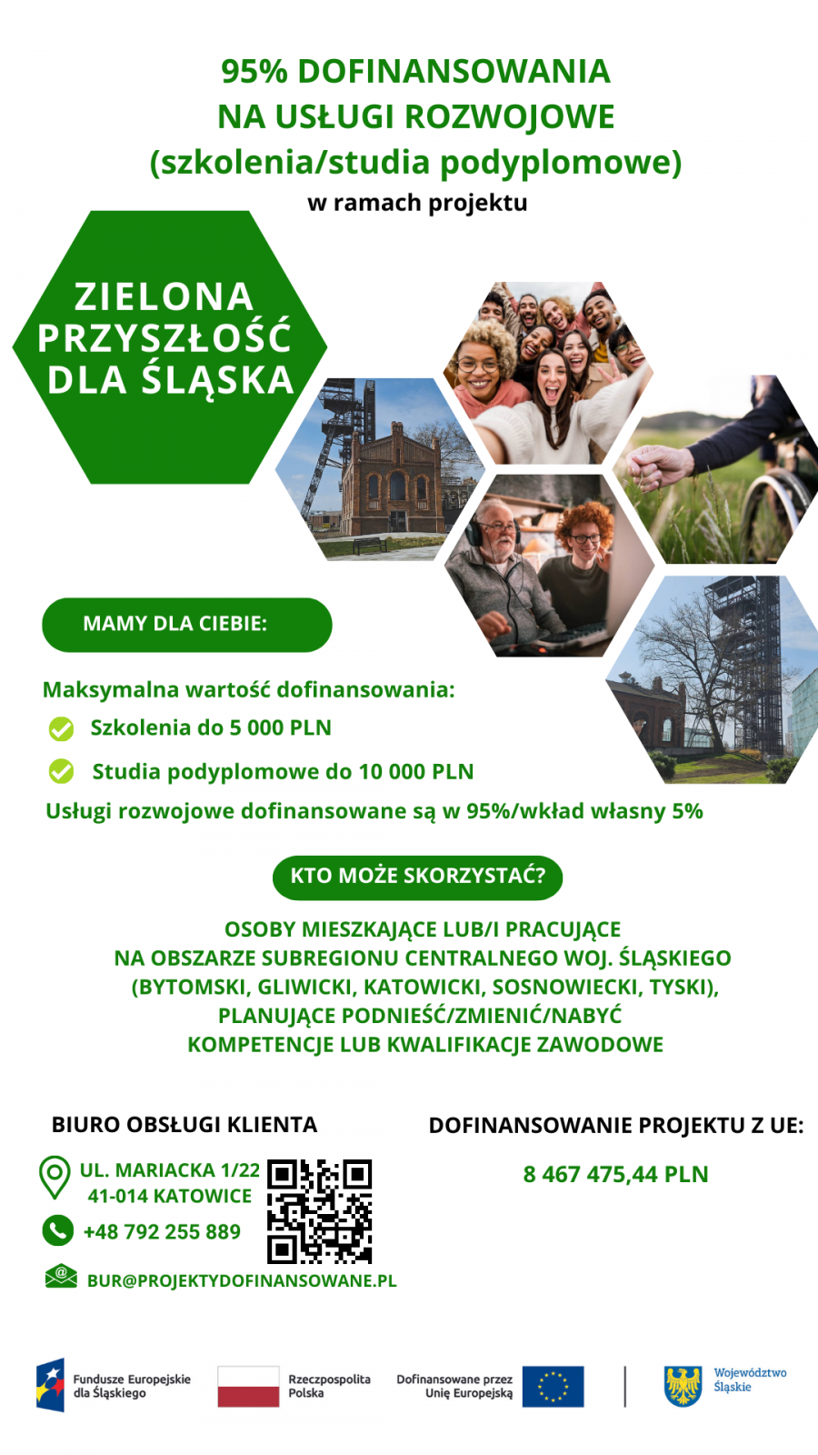 Biały plakat informacyjny z zielonymi napisami, w centralej cześci grafika przedstawiająca klaster miodu a w nim ludzie oraz szyby kopalniane