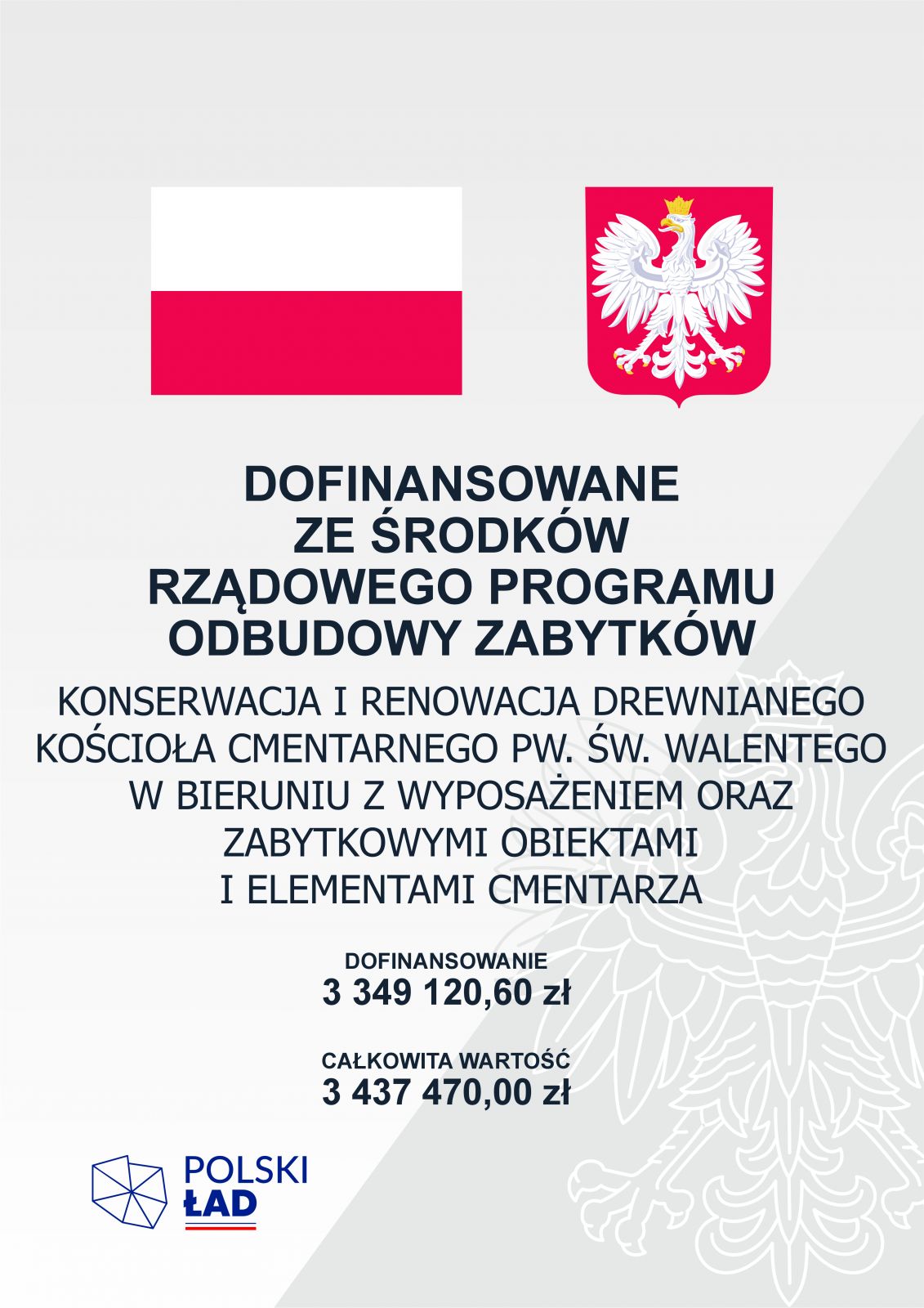 Plakat informacyjny z godłem oraz polską flagą, nazwą rządowego programu oraz logiem Polskiego Ładu