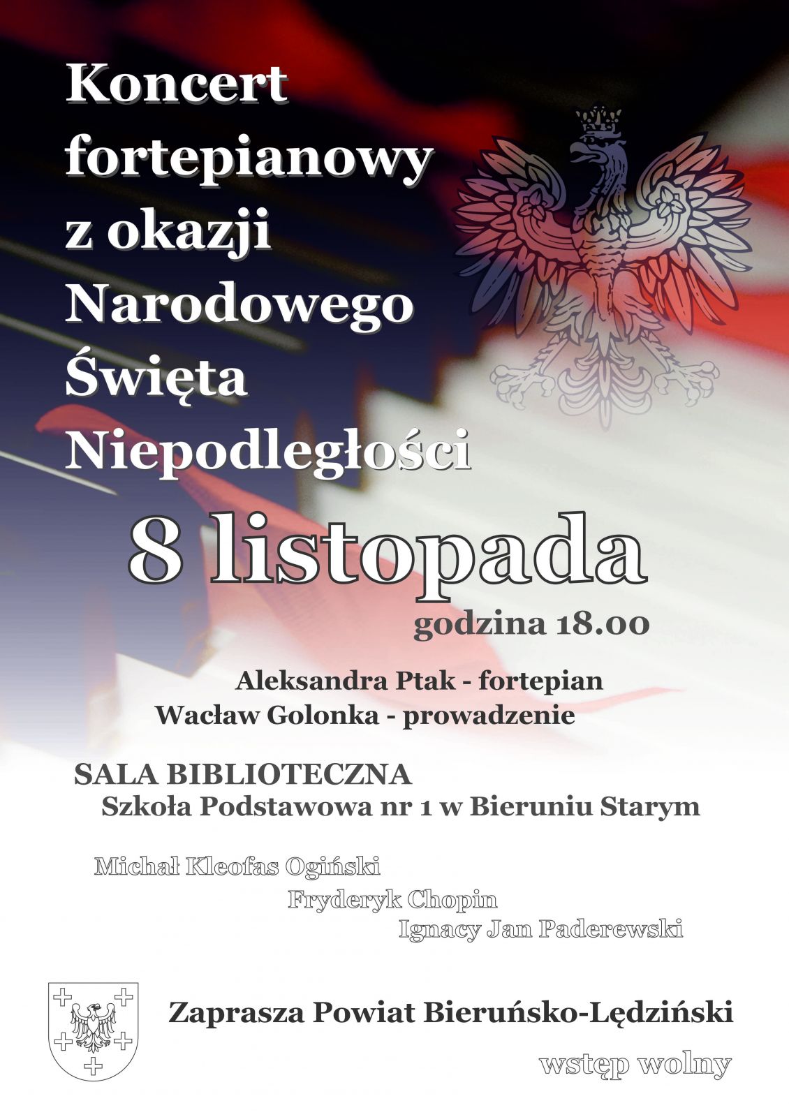 plakat informacyjny w kolorystyce czarno-białej z elementami czerwonego w tle klawisze fortepianu oraz grafika orła białego